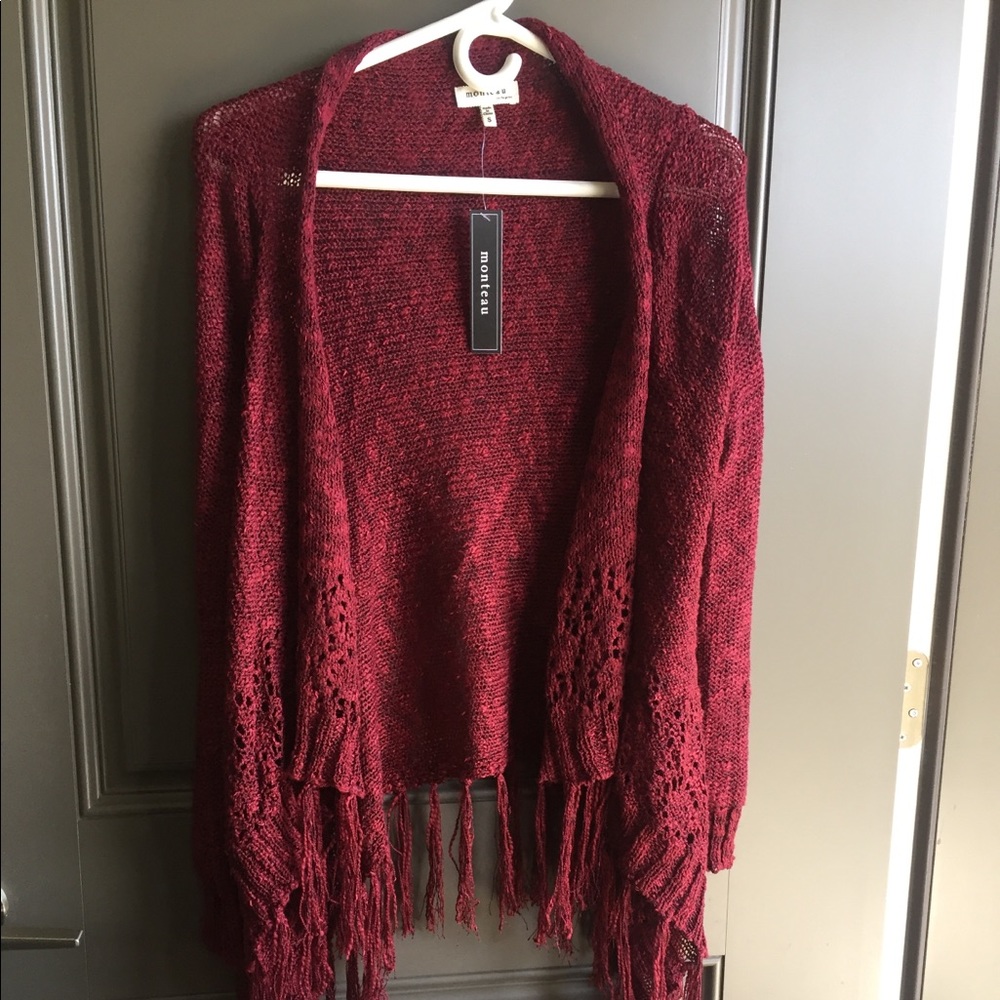 NWT Red Monteau Waterfall Crochet Cardigan Sz S
